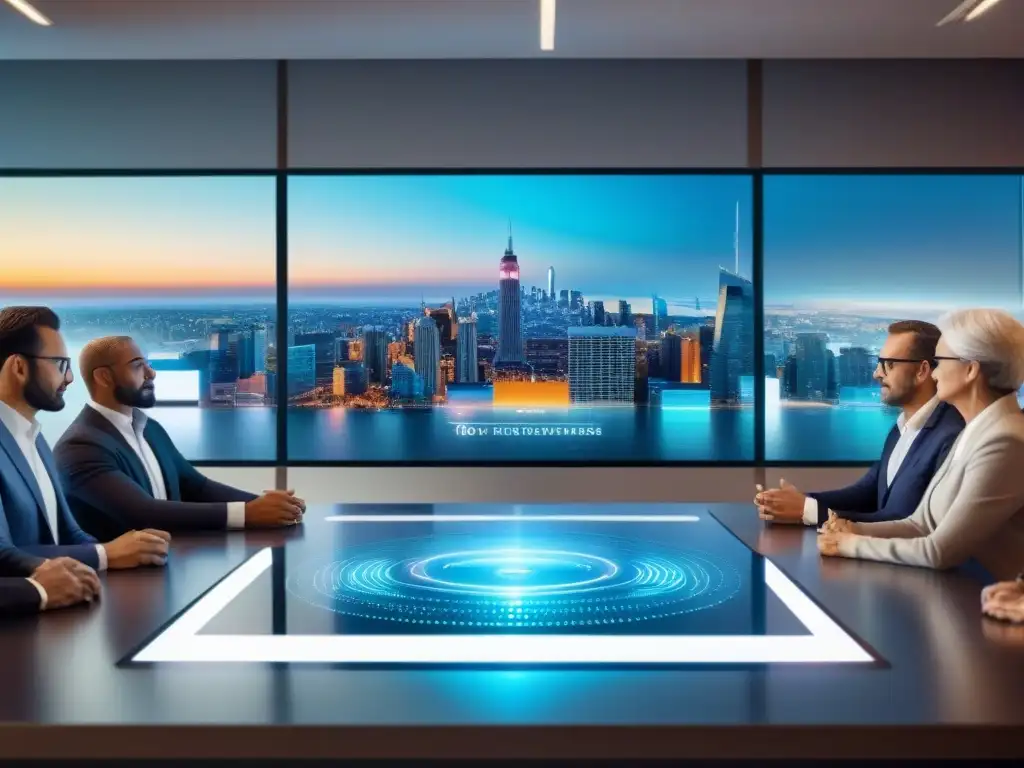 Inversores entusiastas exploran propiedades inmobiliarias en holograma 8k Grupo diverso de inversores entusiasmados en sala de juntas futurista, viendo propiedades para crowdfunding inmobiliario