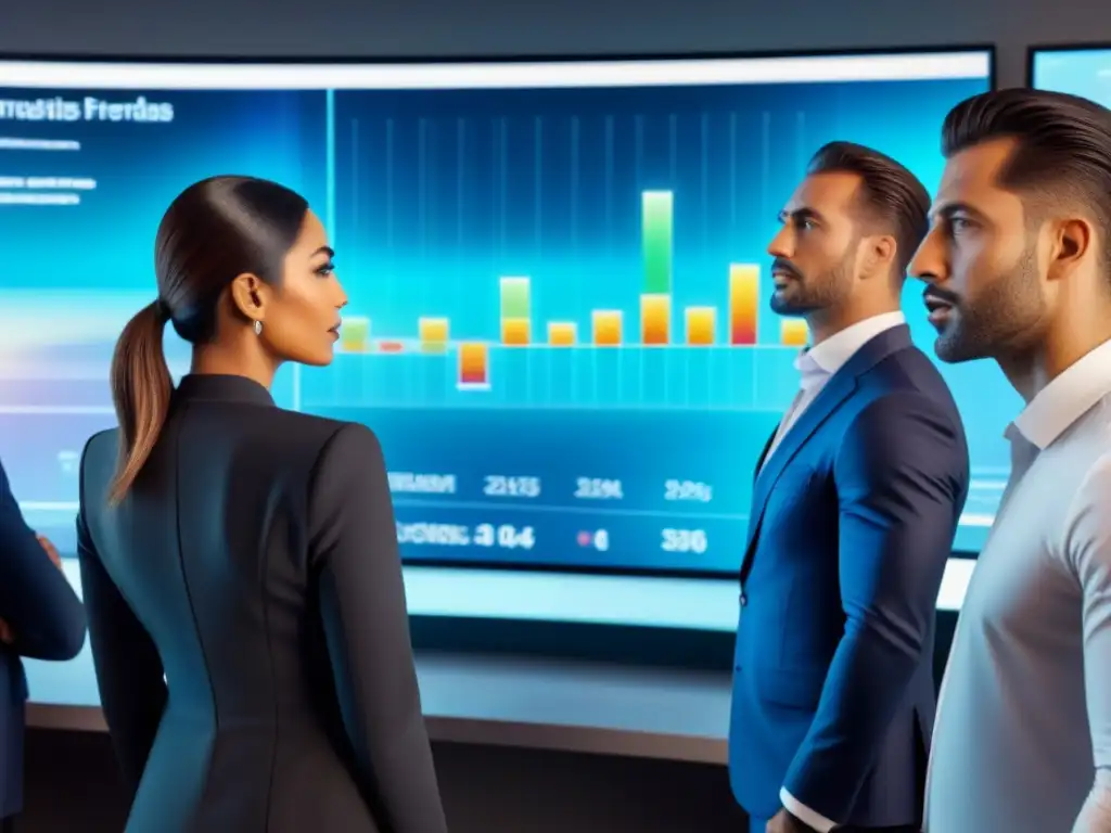 Inversionistas analizan tendencias inmobiliarias en holograma futurista Un grupo diverso de inversores analiza estrategias y tendencias del mercado inmobiliario en una sala futurista