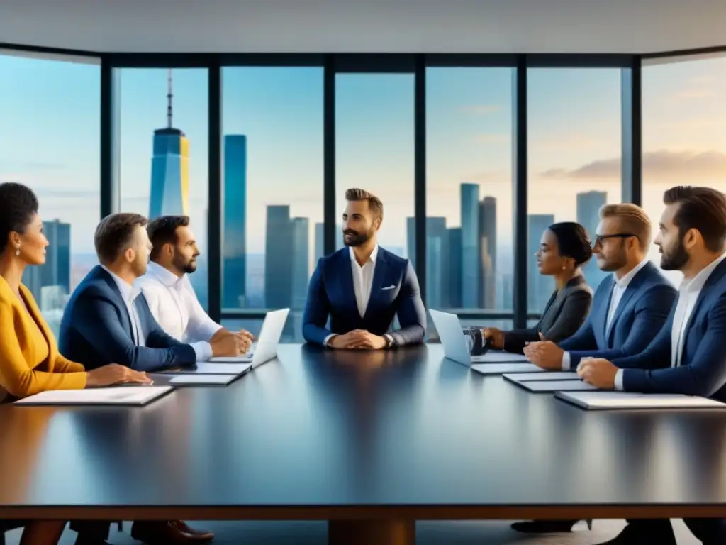 Inversores inmobiliarios expertos en reunión estratégica en ciudad moderna Grupo diverso de inversores inmobiliarios planificando estrategias de salida en una moderna sala de juntas con vista a la ciudad