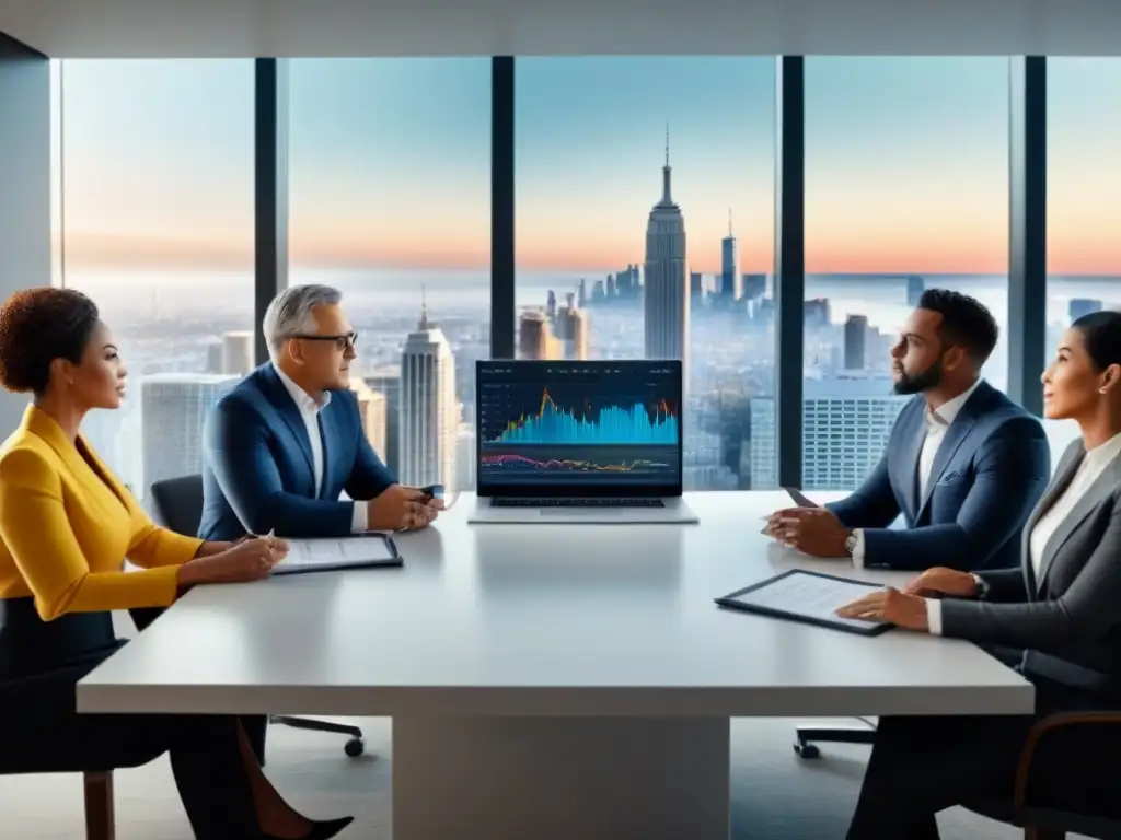 Inversores inmobiliarios analizan estrategias en reunión de alto nivel Grupo diverso de inversores inmobiliarios analizando documentos y estrategias de inversión en una sala moderna con vista a la ciudad
