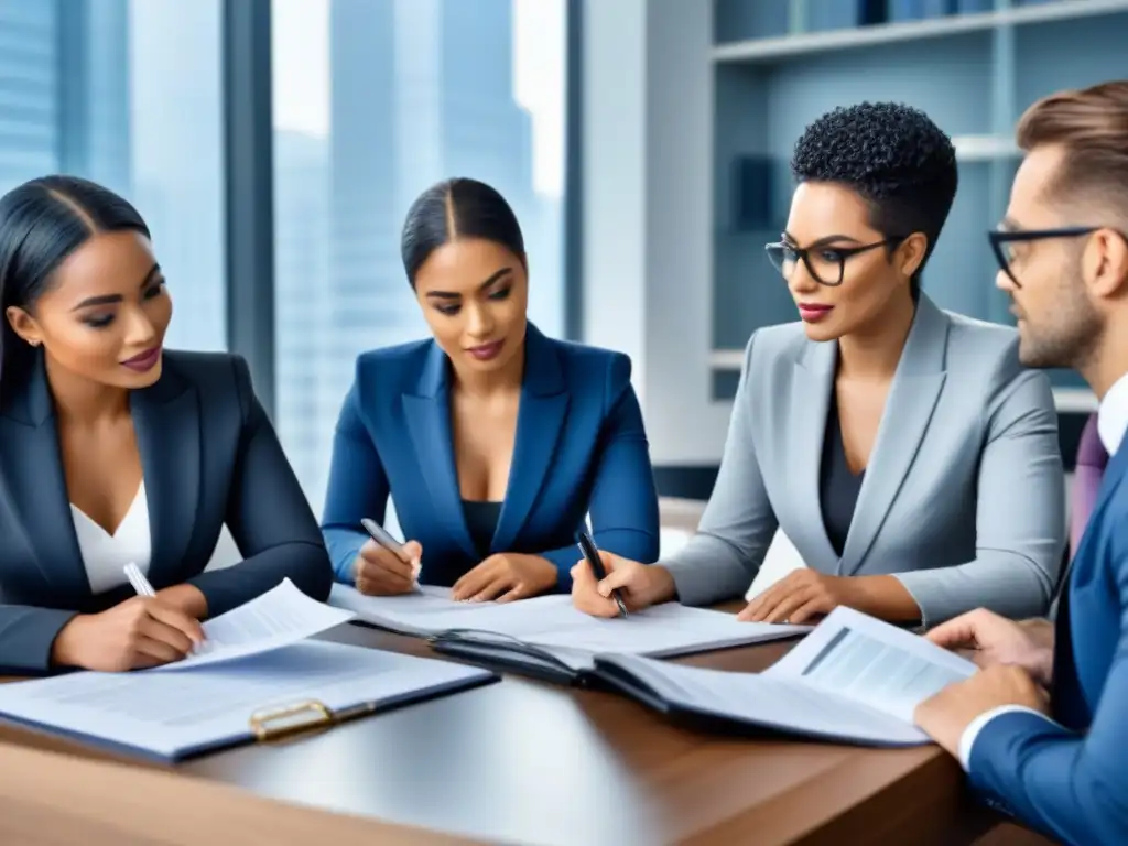 Inversores de bienes raíces analizan documentos legales en oficina moderna Un grupo diverso de inversores inmobiliarios discute leyes en una oficina profesional