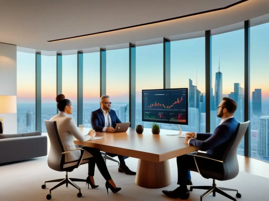Inversores inmersos en análisis financiero en sala de juntas de lujo Grupo diverso de inversores inmobiliarios analizando estrategias de refinanciamiento en moderna sala de juntas con vista panorámica a la ciudad