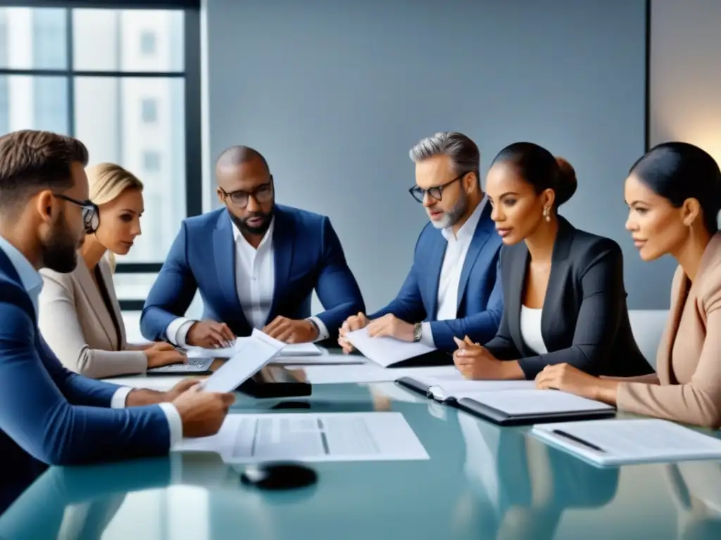 Inversores inmobiliarios enfocados en refinanciamientos avanzados Un grupo diverso de inversores inmobiliarios concentrados discuten refinanciamiento estratégico en una sala moderna y luminosa