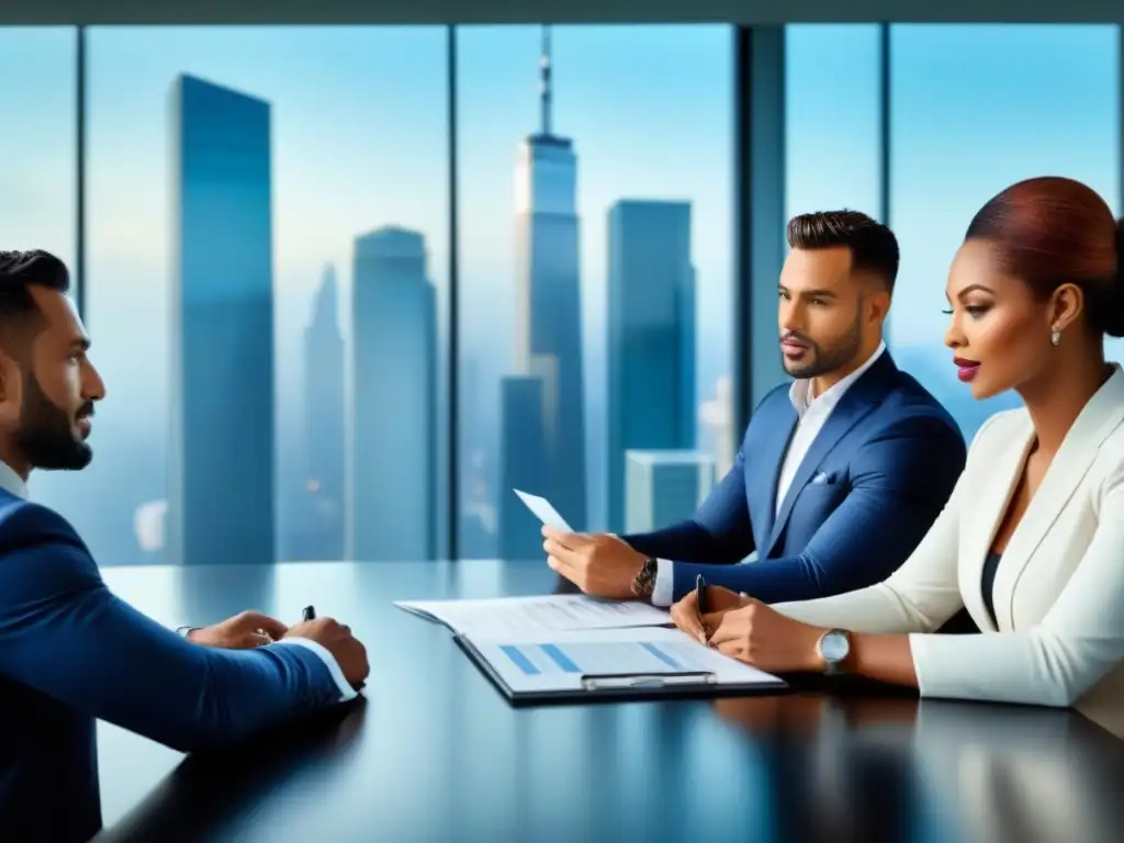 Inversionistas inmobiliarios analizan opciones de financiamiento hipotecario en moderna sala de juntas Grupo diverso de inversores inmobiliarios discuten opciones de financiamiento hipotecario en moderna sala de juntas