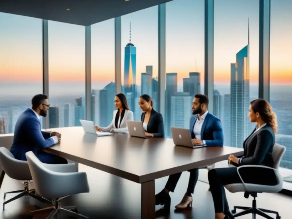 Inversores inmobiliarios internacionales en mesa de reuniones de alto nivel Un grupo diverso de inversores inmobiliarios concentrados en una reunión de alto nivel para invertir en bienes raíces internacionales