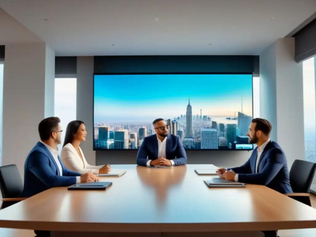 Inversionistas inmobiliarios debatiendo estrategias fiscales Un grupo diverso de inversores inmobiliarios discute estrategias frente a gráficos de impuestos, creando un ambiente moderno y profesional