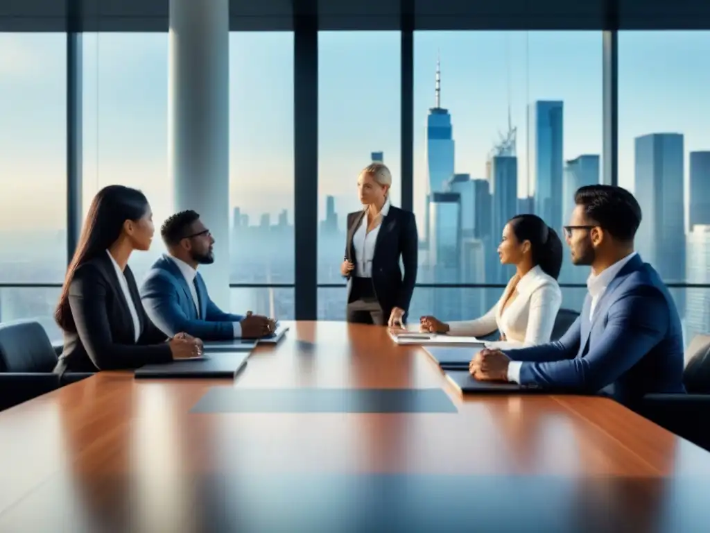 Reunión de inversores inmobiliarios: diversidad y estrategias Un grupo diverso de inversores inmobiliarios discute estrategias avanzadas en una moderna sala de juntas