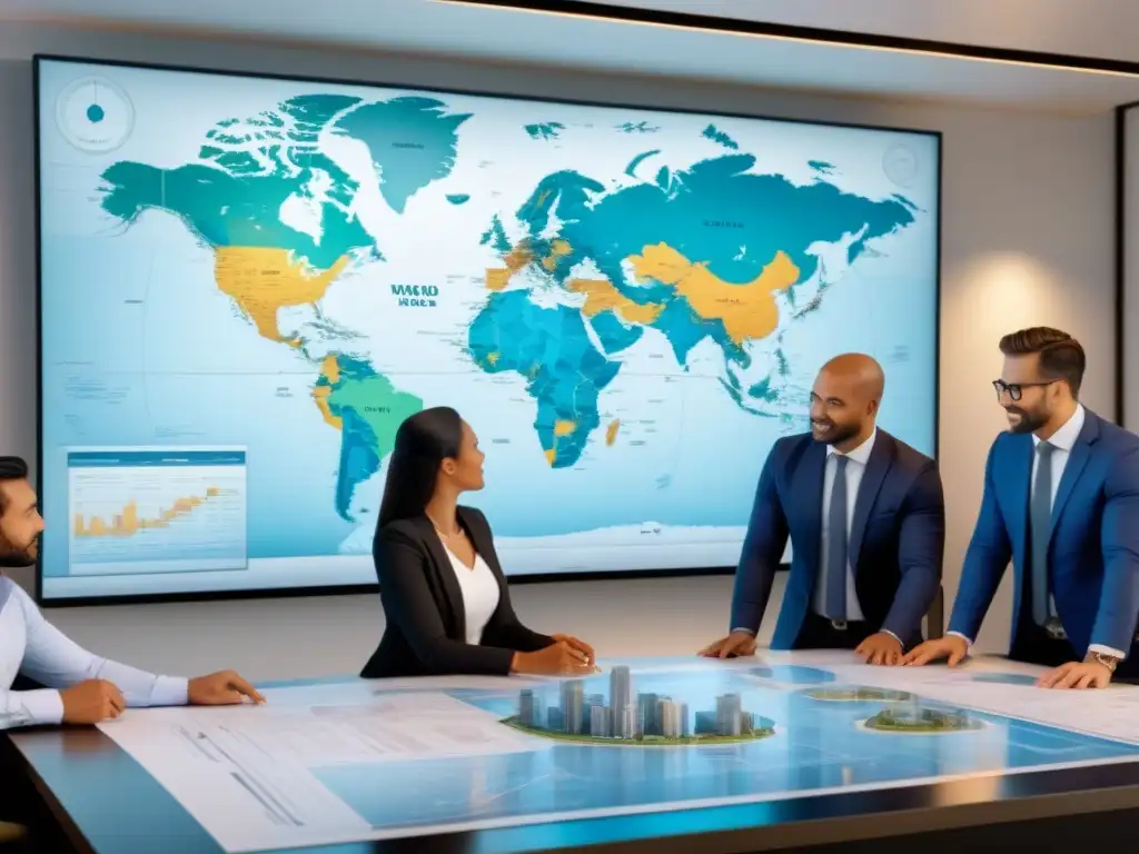 Inversionistas inmobiliarios internacionales en reunión de expertos Un grupo diverso de inversores inmobiliarios revisa planos en una oficina moderna, con un mapa mundial de fondo
