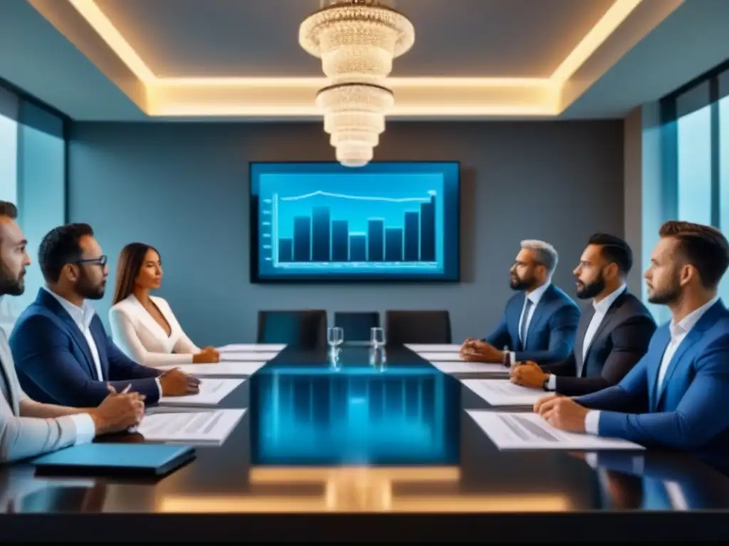 Inversores inmobiliarios novatos en sala de reuniones de alta tecnología Grupo diverso de inversores inmobiliarios principiantes discutiendo estrategias de diversificación en una sala de juntas moderna y educativa