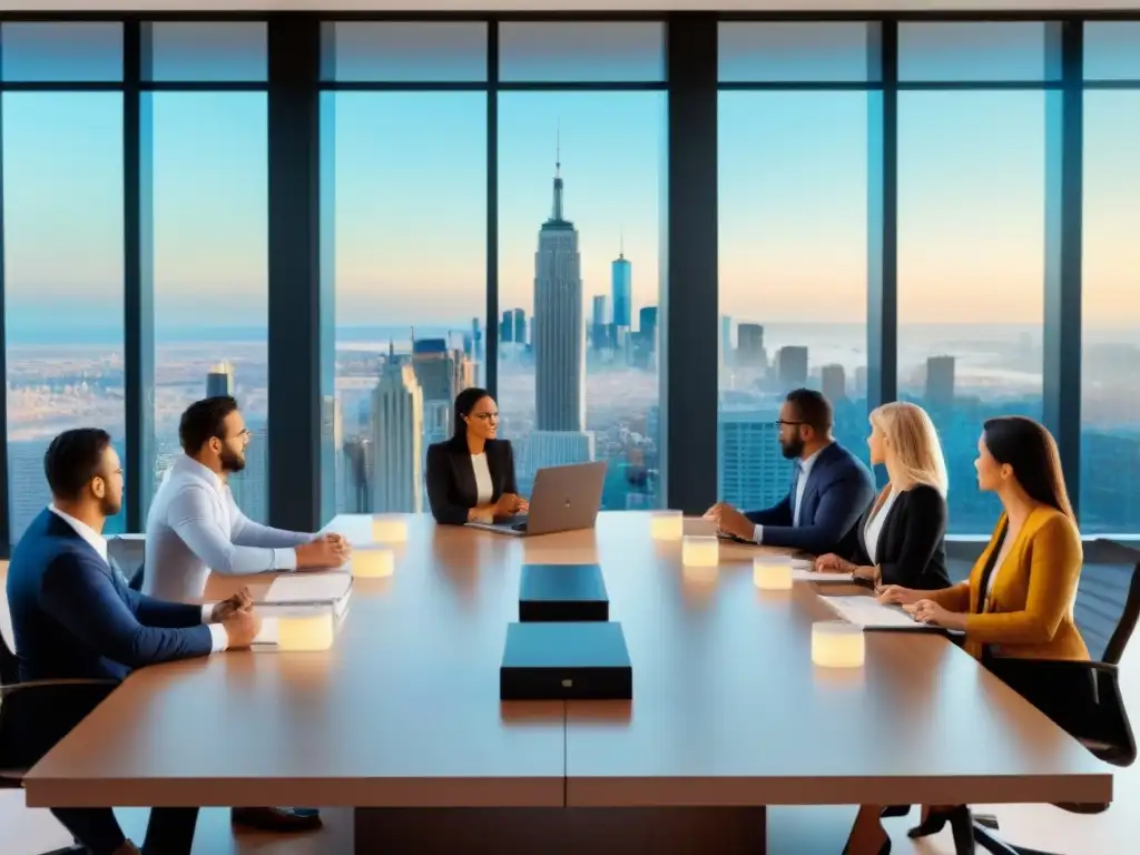 Inversores inmobiliarios: reunión dinámica en moderna sala de juntas Un grupo diverso de inversores inmobiliarios discuten en una moderna sala de juntas con vistas a la ciudad
