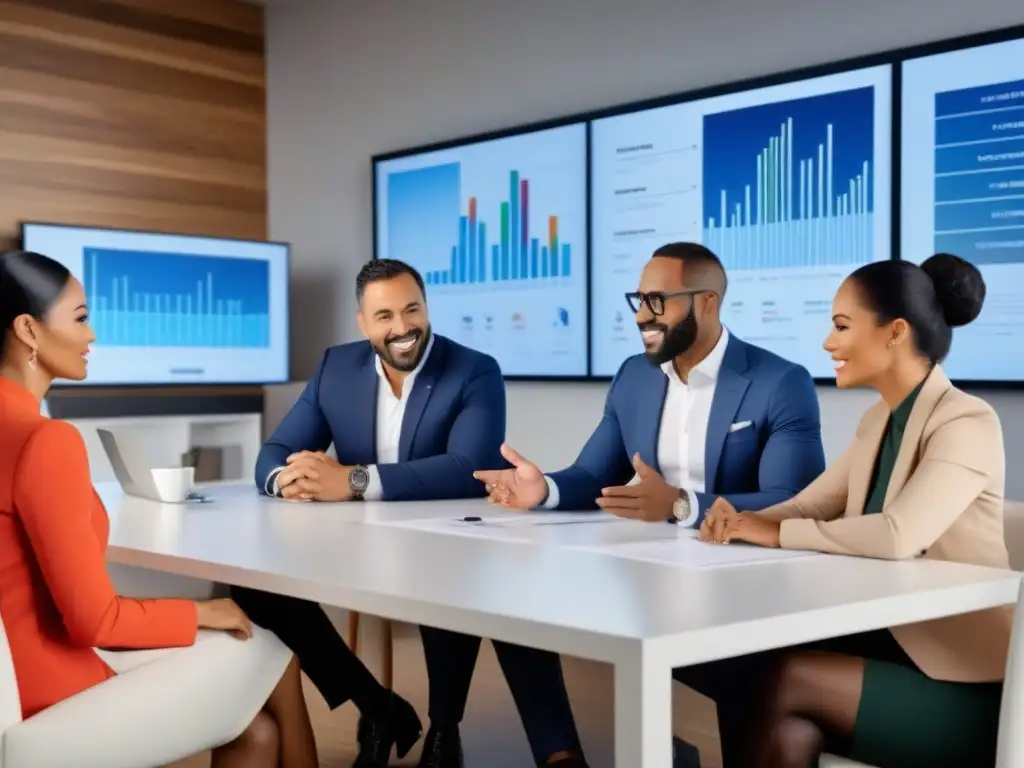 Inversores inmobiliarios diversificados debatiendo estrategias de inversión Un grupo diverso de inversores inmobiliarios discute estrategias de inversión con gráficos en pantalla
