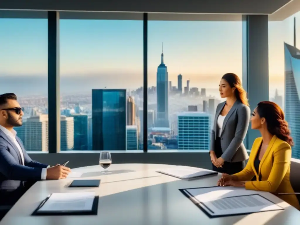 Inversionistas inmobiliarios analizan planos en boardroom moderno Un grupo diverso de inversores inmobiliarios analiza planos en una moderna sala de juntas con vista a la ciudad