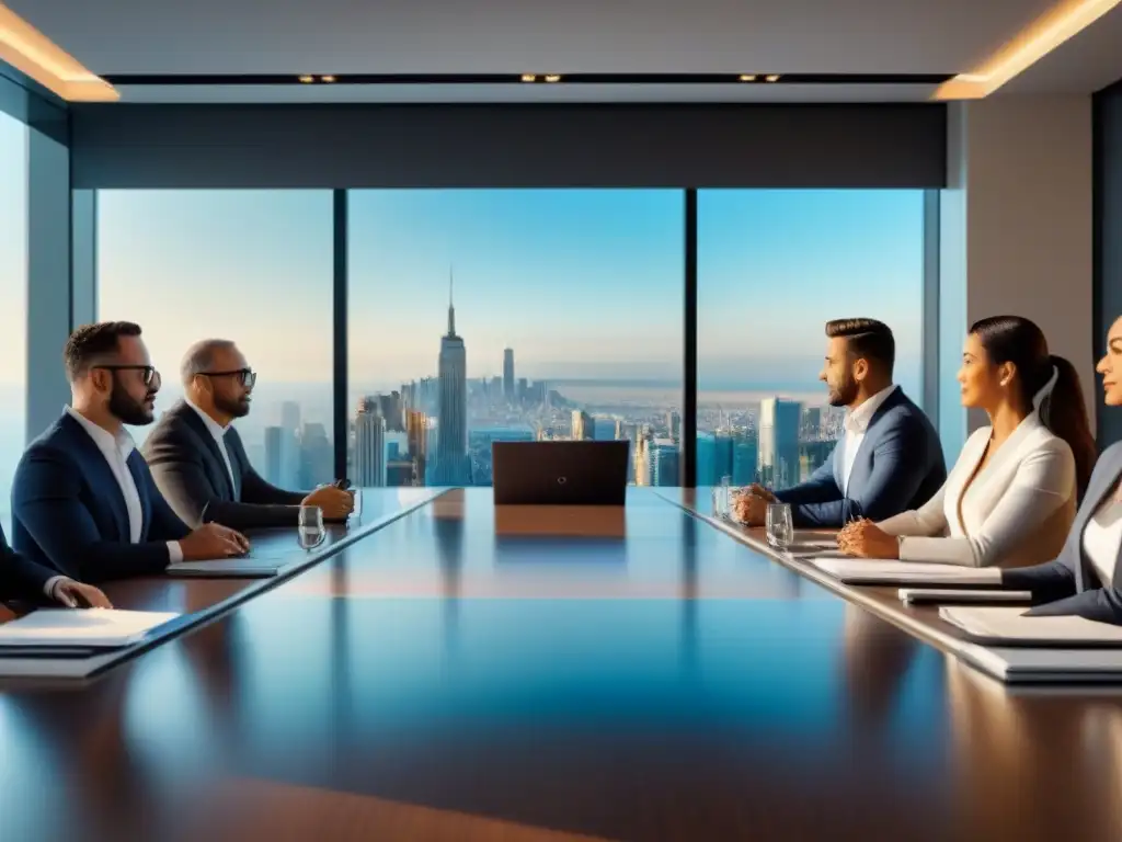 Inversores inmobiliarios en reunión: modernidad y diversidad Grupo diverso de inversores inmobiliarios planeando estrategias de salida en una moderna sala de juntas con vista a la ciudad