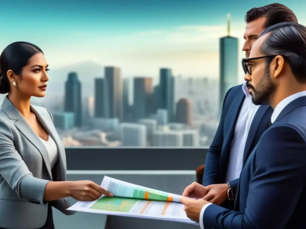 Inversionistas internacionales analizan propiedades en México Un grupo diverso de inversores internacionales y expertos legales mexicanos discuten documentos inmobiliarios detallados, rodeados de mapas de México y el bullicioso skyline de una ciudad moderna