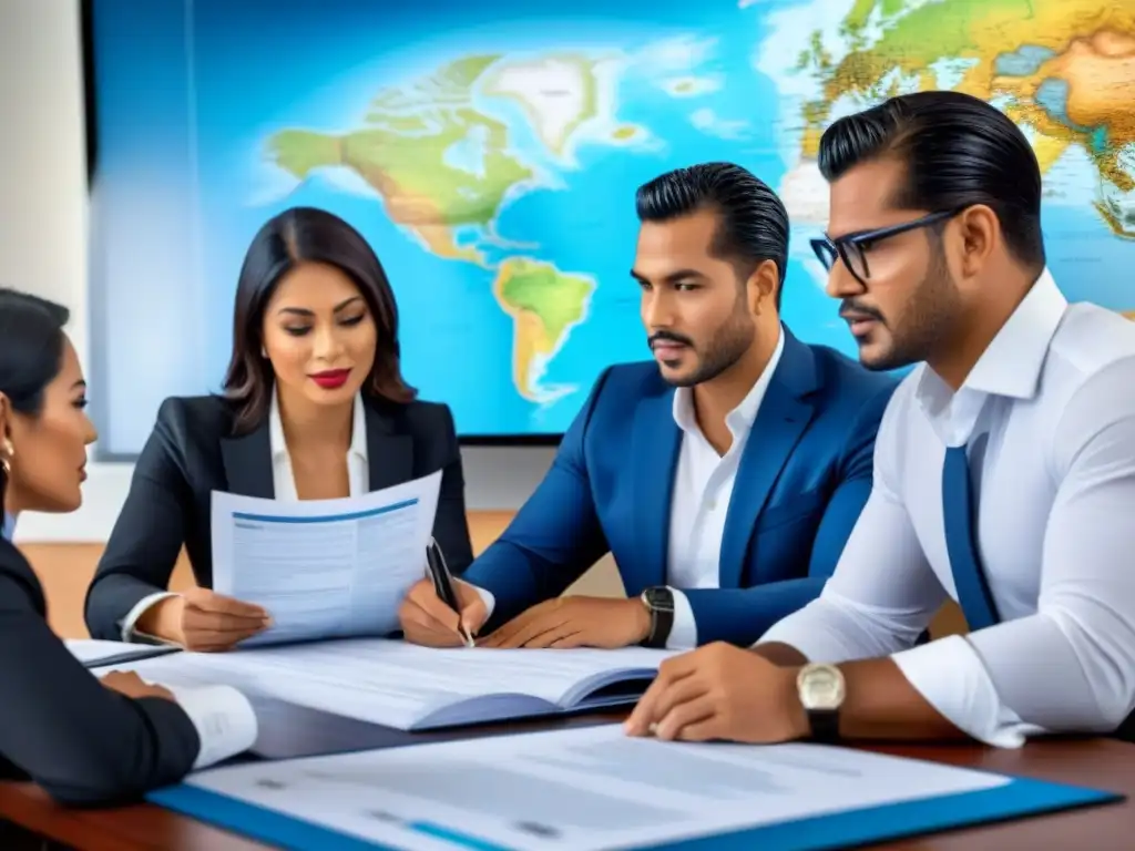 Inversores internacionales analizan leyes de inversión en Honduras Grupo diverso de inversores internacionales analizando leyes inmobiliarias en Honduras, en una ilustración detallada y moderna