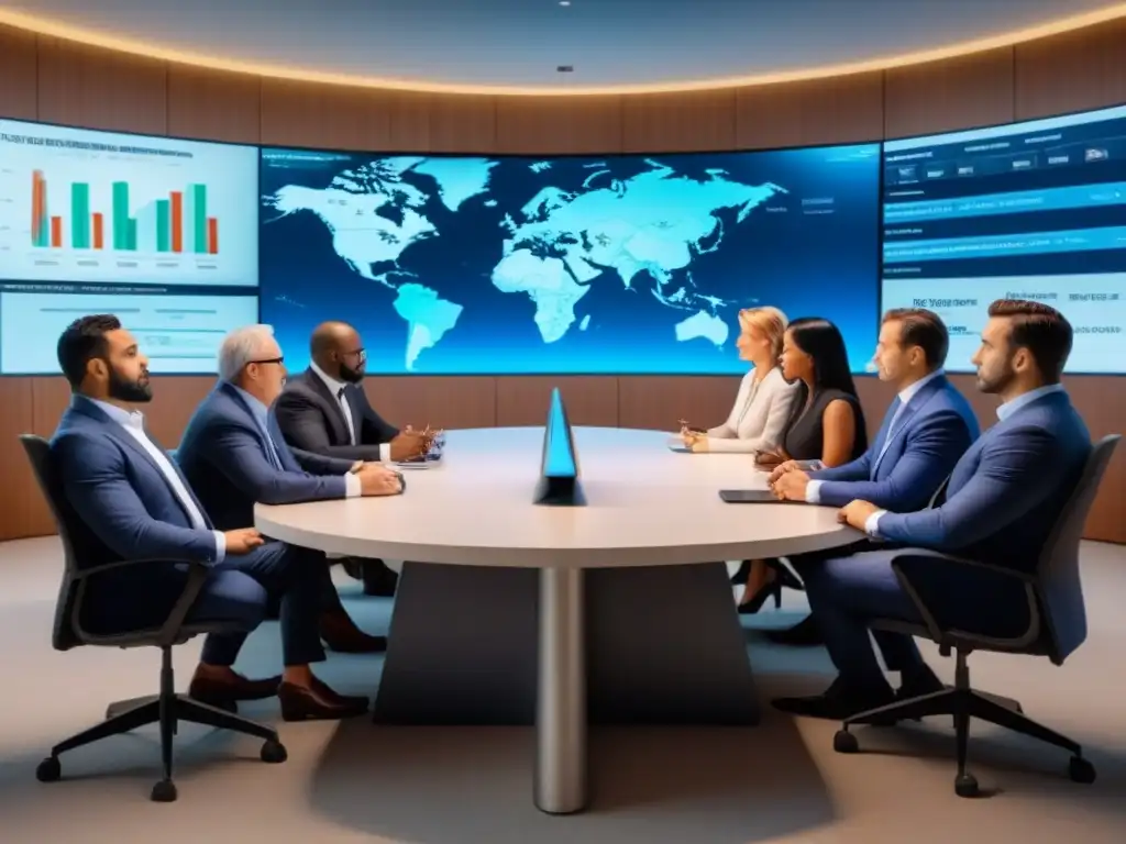 Inversores internacionales en sala de reuniones tecnológica: análisis de mercado inmobiliario Un grupo diverso de inversores internacionales en una sala de juntas de alta tecnología, analizando datos de mercado inmobiliario