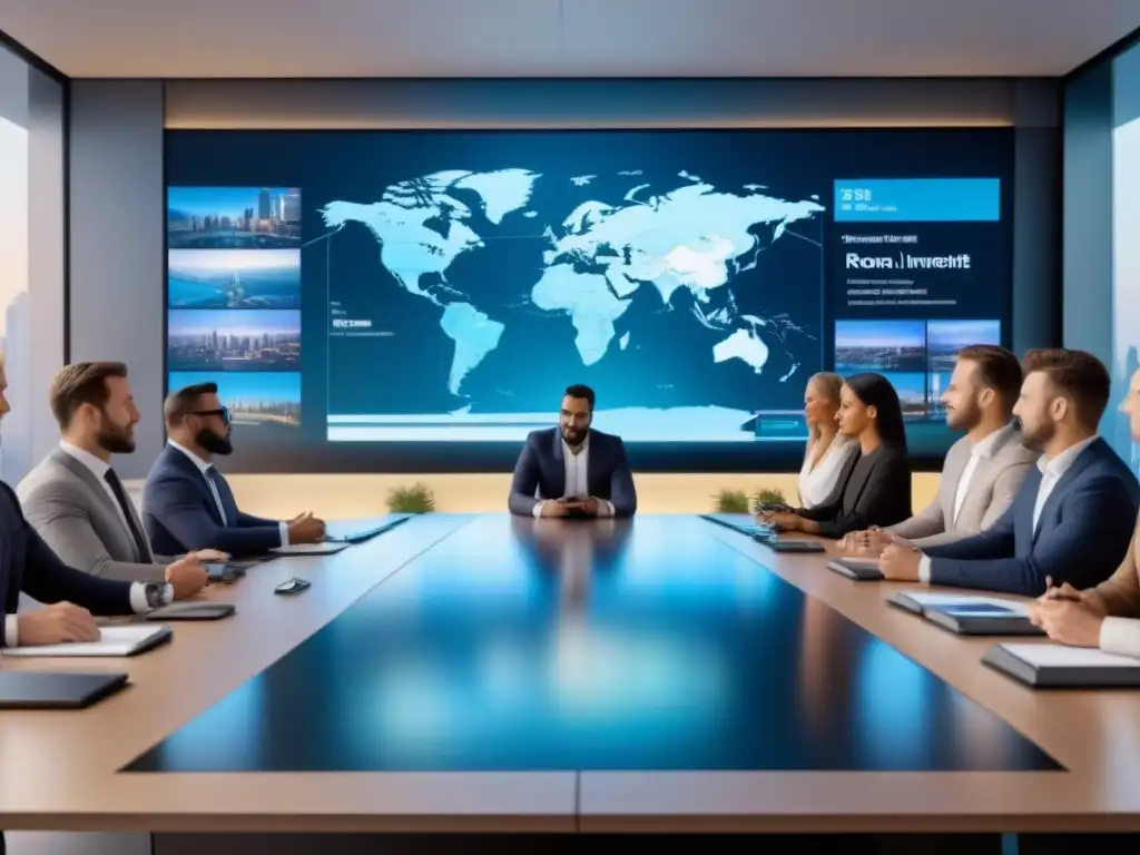Inversionistas analizan propiedades globales en mesa futurista Un grupo diverso de inversores en una mesa futurista, analizando propiedades internacionales en pantallas digitales