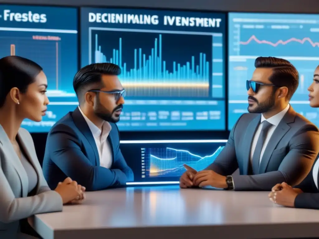 Inversores analizando tendencias inmobiliarias en holograma Un grupo diverso de inversores se reúne alrededor de una pantalla holográfica futurista mostrando tendencias de inversión inmobiliaria