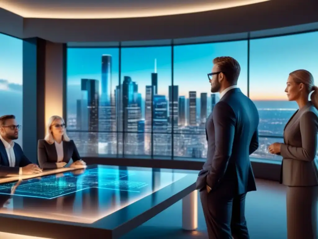 Inversionistas analizan datos inmobiliarios con psicólogo en sala futurista Grupo diverso de inversores profesionales analizan datos en holograma futurista, con psicólogo observando