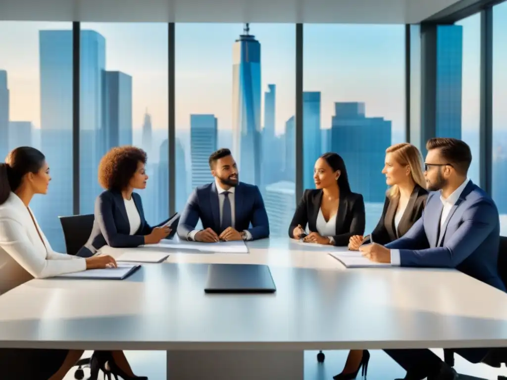Inversores expertos debaten estrategias en moderna oficina Un grupo diverso de inversores serios discute estrategias de refinanciamiento inmobiliario en una moderna oficina con vista a la ciudad