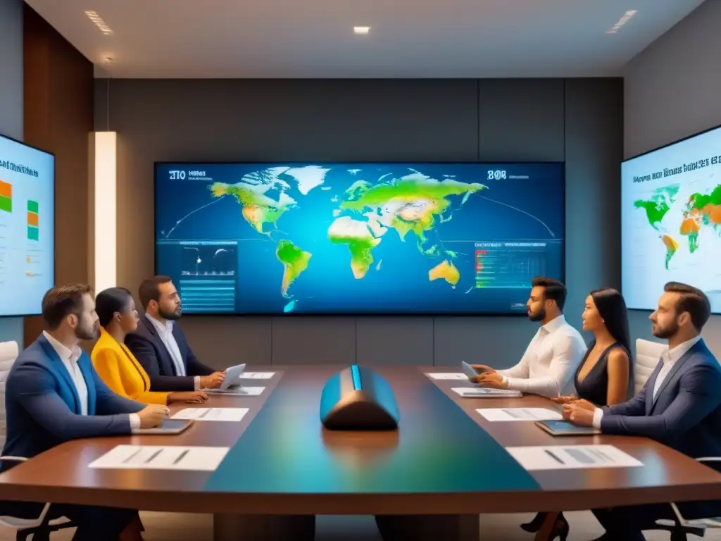 Inversores analizan tendencias inmobiliarias en sala de juntas futurista Grupo diverso de inversores analizando tendencias del mercado inmobiliario en una sala moderna