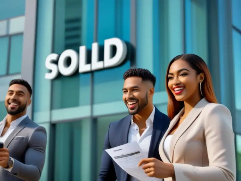 Emocionados compradores de vivienda firman contrato en edificio moderno Un grupo diverso de jóvenes compradores primerizos, emocionados frente a edificio moderno vendido