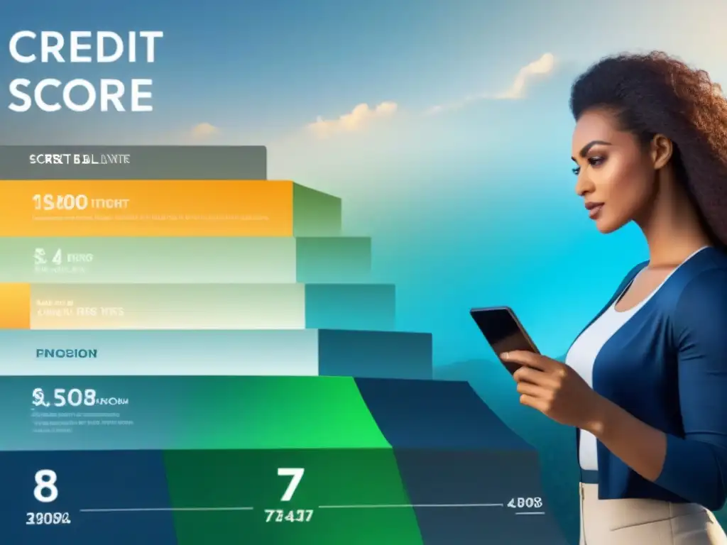 Infografía educativa: Mejora tu puntaje crediticio Un grupo diverso de jóvenes cuidando sus créditos, desde pobre a excelente, aprendiendo sobre finanzas