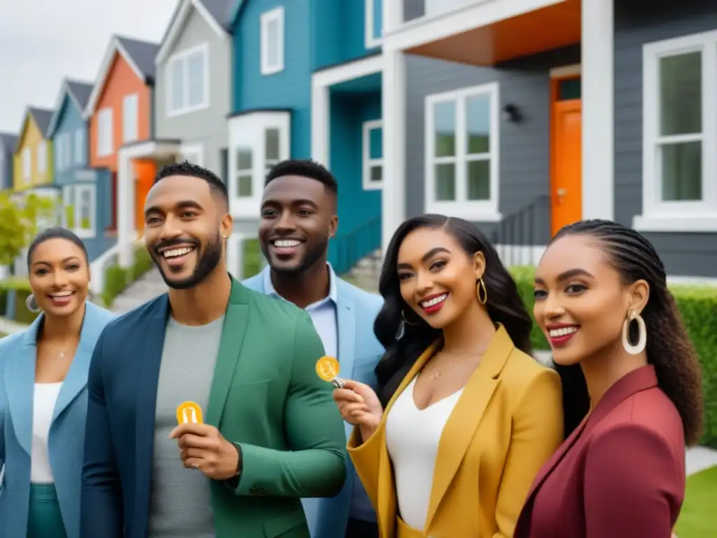 Jóvenes felices con llaves de sus nuevas casas modernas Un grupo diverso de jóvenes felices con llaves de sus nuevas casas en frente de modernas viviendas