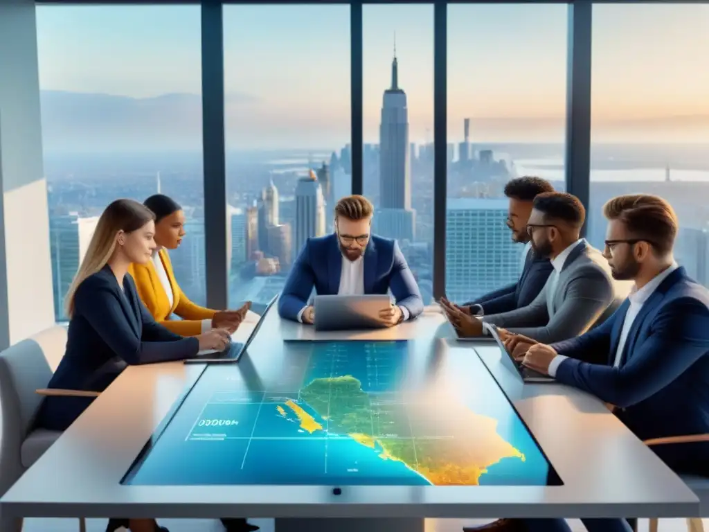 Inversores jóvenes analizan gráficos financieros en sala de reuniones moderna con vista a la ciudad Un grupo diverso de jóvenes inversionistas analiza gráficos en tablets y laptops en una sala luminosa con vista a la ciudad