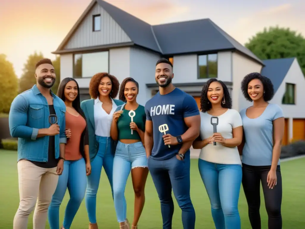 Jóvenes diversos celebran su primer hogar con llaves en mano Un grupo diverso de jóvenes sostiene llaves frente a una casa, simbolizando logros y ahorros para el primer hogar