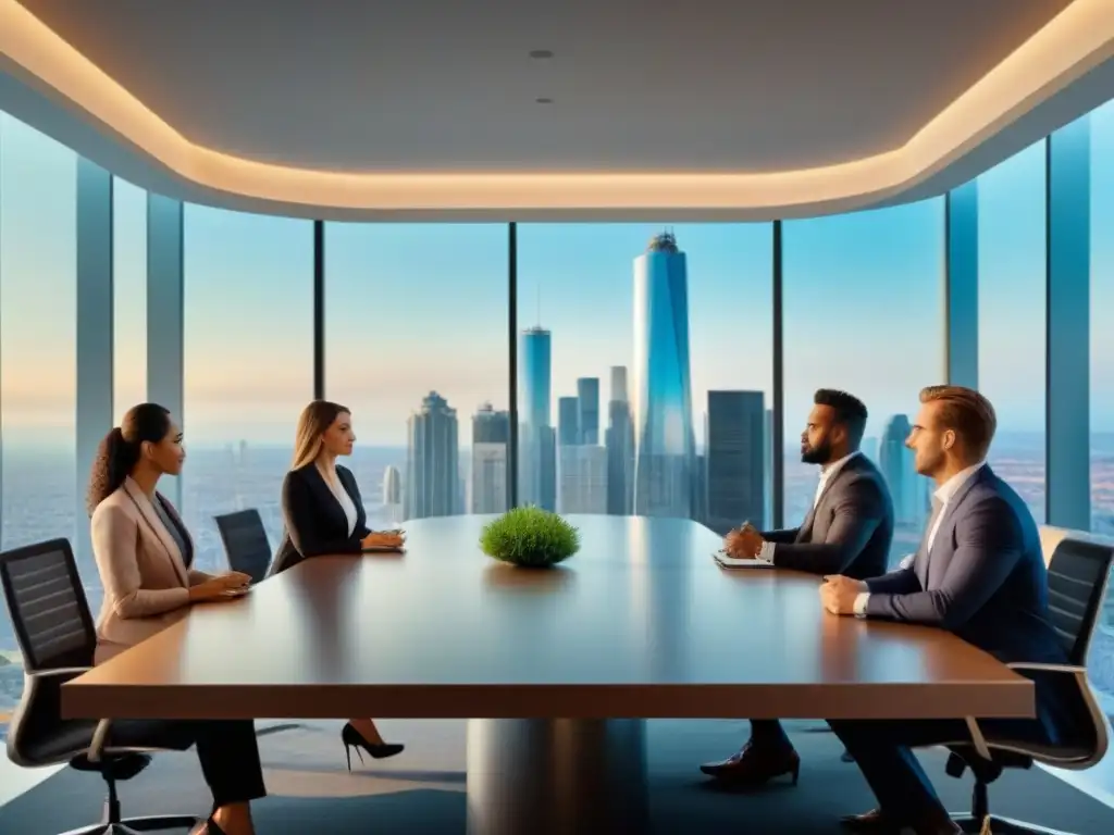 Jóvenes profesionales debaten estrategias de inversión inmobiliaria en boardroom moderno - 8k Un grupo diverso de jóvenes profesionales discuten estrategias de inversión inmobiliaria en un moderno salón de reuniones con vista a la ciudad