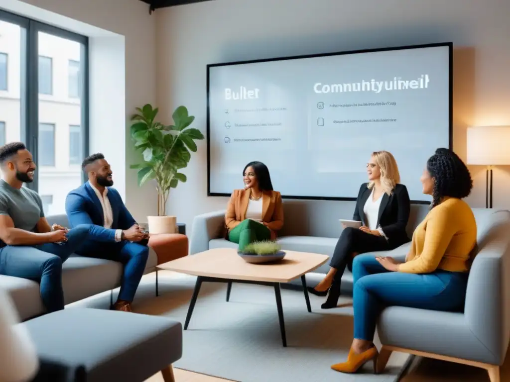 Vibrante interacción en espacio de coliving moderno Grupo diverso de jóvenes profesionales y estudiantes discutiendo en un espacio común de coliving moderno y elegante