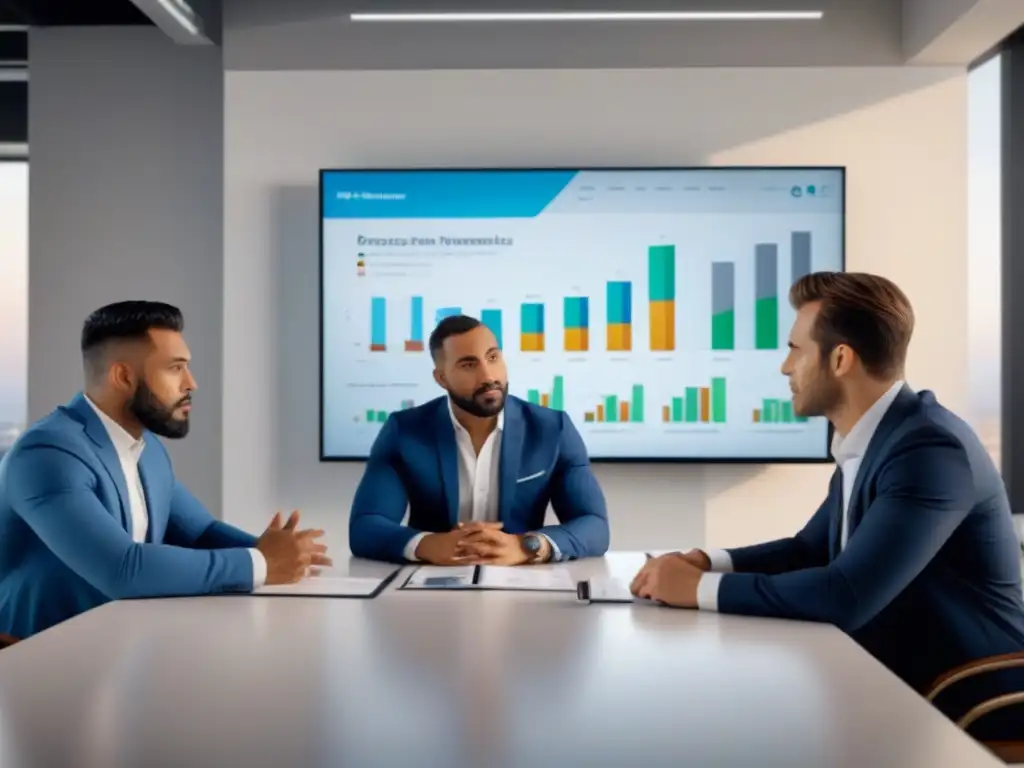 Profesionales debatiendo estrategias de inversión inmobiliaria Un grupo diverso de jóvenes profesionales en una oficina moderna discute estrategias de inversión inmobiliaria, destacando innovación y colaboración
