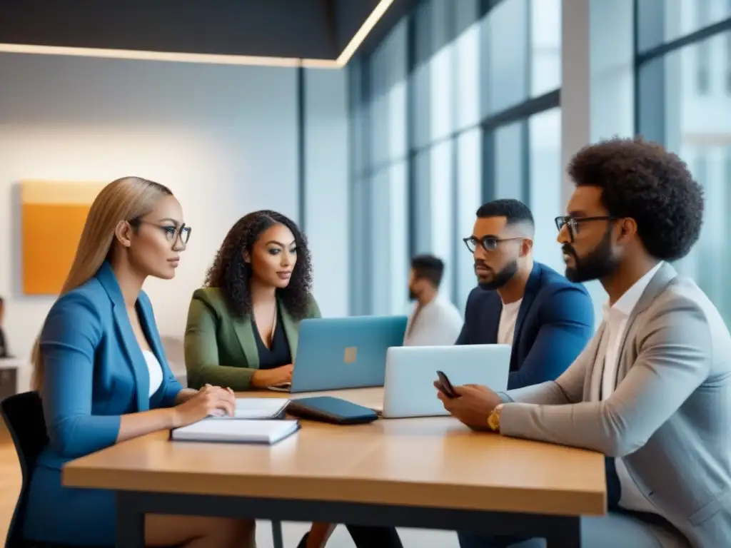 Diversidad y colaboración en coworking de profesionales jóvenes Un grupo diverso de jóvenes profesionales colabora intensamente en un coworking moderno, enfocados en documentos financieros y laptops
