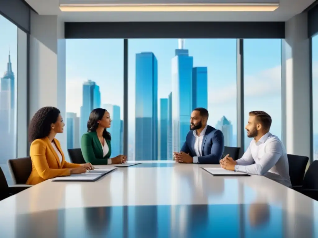 Reunión estratégica: jóvenes profesionales en inversión inmobiliaria Un grupo diverso de jóvenes profesionales se reúne en una moderna oficina para una animada reunión sobre inversión inmobiliaria