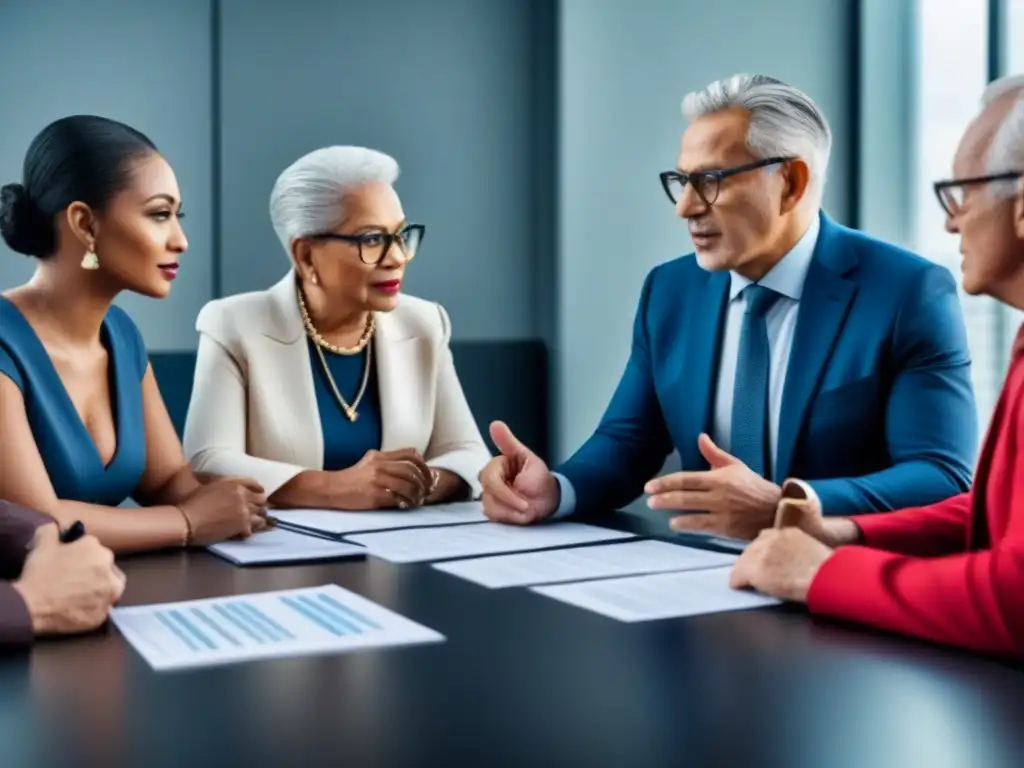 Retirados diversificados debatiendo estrategias de inversión en REITs Un grupo diverso de jubilados discute estrategias de inversión en REITs para jubilación en una oficina moderna