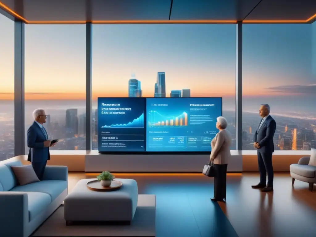 Inversión en REITs: Retirados diversificados en holograma Grupo diverso de jubilados analizando gráficos de desempeño de REITs en holograma futurista, con skyline de ciudad moderna de fondo