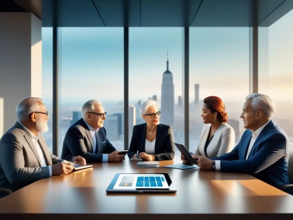 Planificación de jubilación con REIT: Retirados analizan inversiones Grupo diverso de jubilados planificando estratégicamente su retiro con inversiones en REITs en una sala profesional con vista a la ciudad