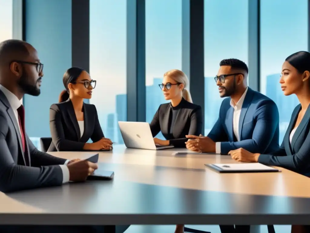 Conversación innovadora: profesionales diversos en oficina futurista Grupo diverso en oficina futurista discute financiamiento no tradicional de garantías inmobiliarias