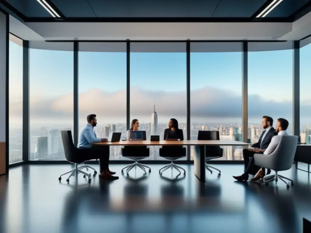 Reunión de trabajo en oficina moderna: diversidad y profesionalismo Grupo diverso en oficina moderna discutiendo, con vista a ciudad