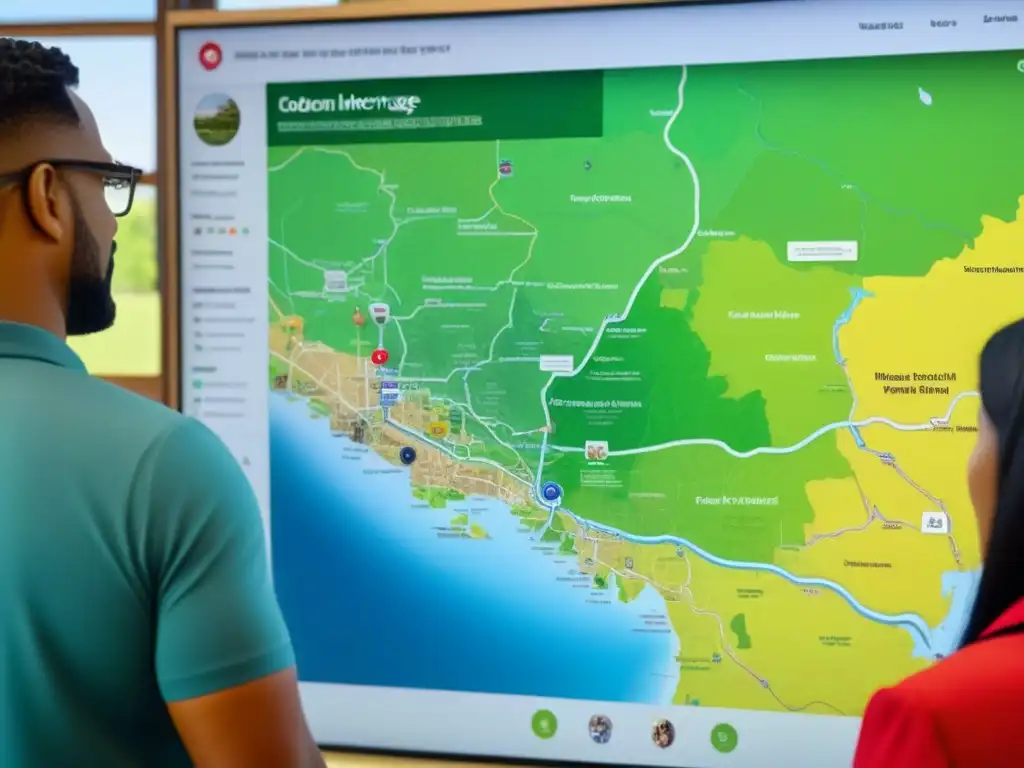 Explorando juntos: Comunidad diversa en mapa digital interactivo Un grupo diverso colabora en la conservación del patrimonio local mediante métodos participativos en un centro comunitario moderno