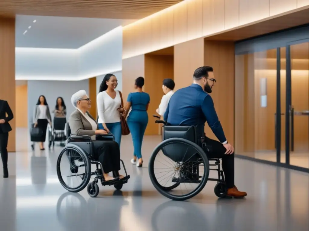 Edificio inclusivo: diversidad y accesibilidad en lobby moderno Un grupo diverso de personas con discapacidades navega por un vestíbulo moderno y accesible, cumpliendo con las Regulaciones de accesibilidad para propietarios