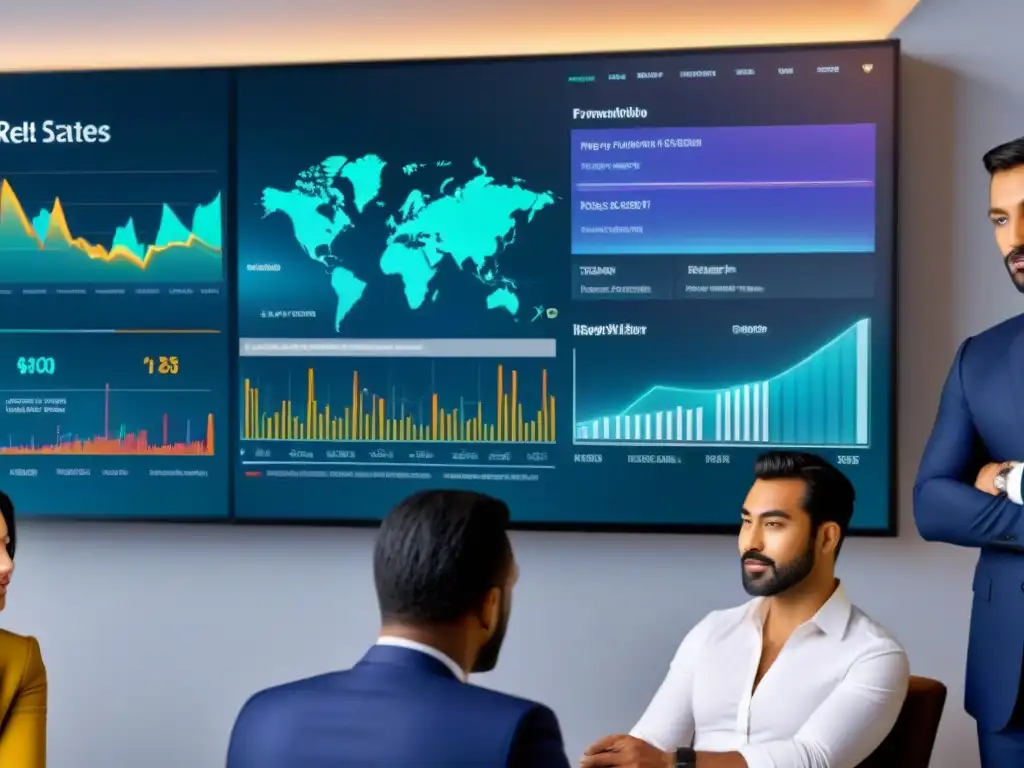 Equipo de inversores analizando gráficos de REIT en pantalla futurista Un grupo diverso de personas analiza gráficos de REIT en una pantalla futurista