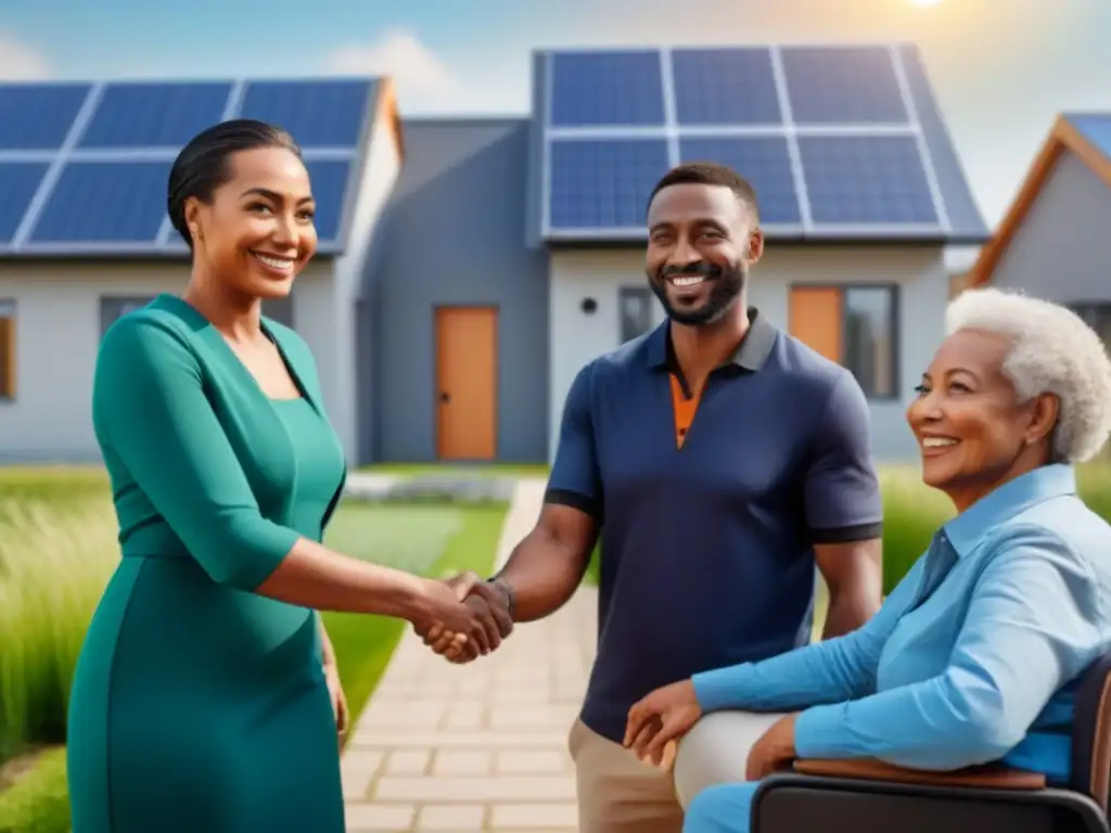 Acuerdo comunitario: diversidad en desarrollo ecoamigable Un grupo diverso de personas sonriendo y estrechando manos en un desarrollo inmobiliario sostenible y moderno