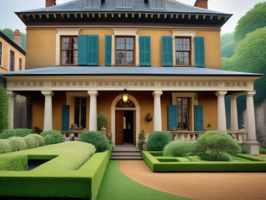 Explorando historia: diversidad en propiedad histórica restaurada Un grupo diverso de personas explora una propiedad histórica restaurada, mostrando detalles arquitectónicos y jardines exuberantes