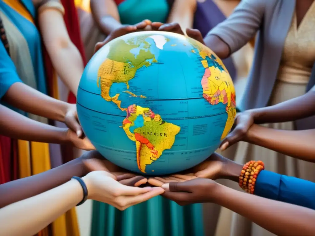 Un mundo unido: diversidad cultural en una imagen Un grupo diverso de personas sostienen símbolos de su herencia cultural alrededor de un globo terráqueo