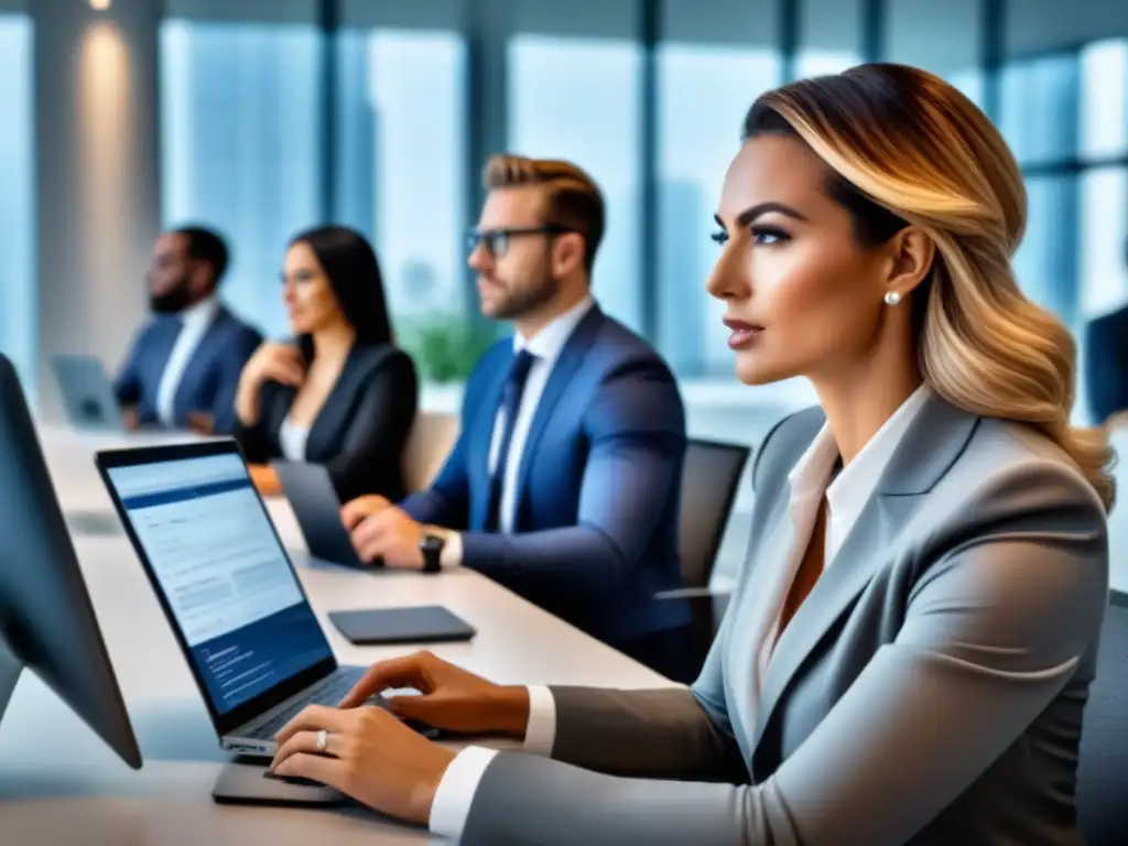 Oficina moderna: inversionistas analizan mercado inmobiliario Un grupo diverso de personas analiza tendencias de mercado en un elegante espacio de oficina moderno