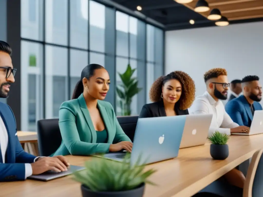 Inversores principiantes de inmobiliaria en coworking vibrante Grupo diverso de principiantes inversores inmobiliarios, concentrados en moderno espacio coworking