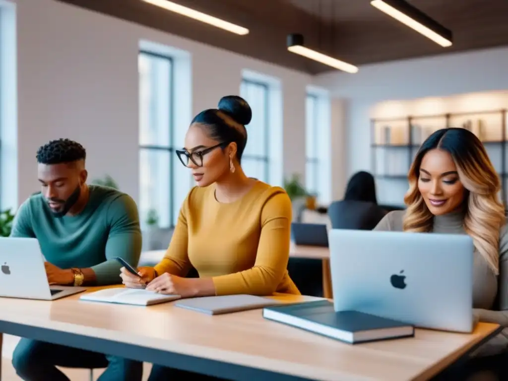 Inversores novatos en coworking: aprendizaje diverso y colaborativo Un grupo diverso de principiantes estudia materiales de inversión en REITs en un acogedor espacio de coworking