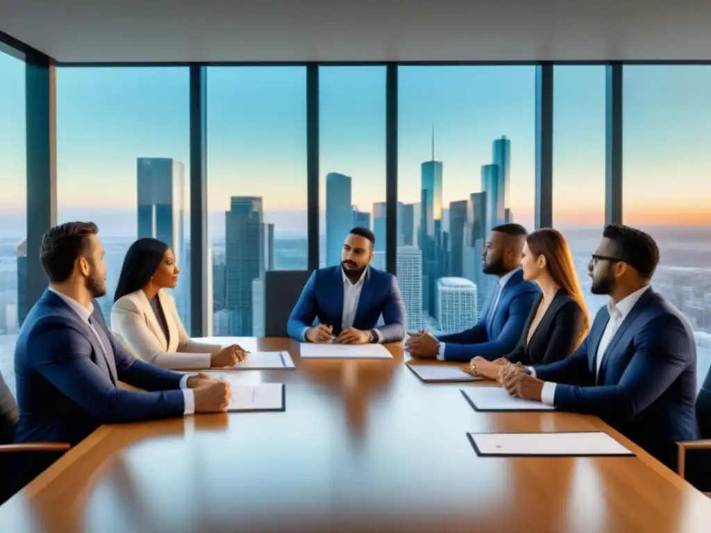 Debate profesional: Conflicto de intereses en bienes raíces Grupo diverso de profesionales en acalorada discusión por conflictos de interés en bienes raíces